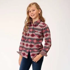 Girl's Roper Red Aztec Print Long Sleeve Western Shirt