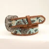 Girl's Brown And Mint Leaf Patterned Belt -Ariat || HOOey || Cinch Shop Angel Ranch Girls Belt Distressed Brown and Mint prd 74528 s da63881