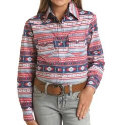 Girl's Red, White, & Blue Aztec Long Sleeve Shirt